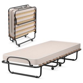 Portable Folding Bed with Memory Foam Mattress and Sturdy Metal Frame Made in Italy (Color: Beige)